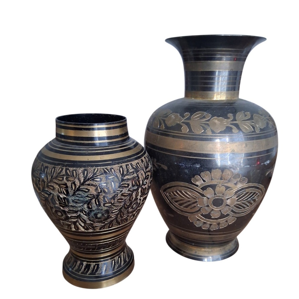 Vintage Floral Leafy Etched Brass Vases Made in India Home Decor